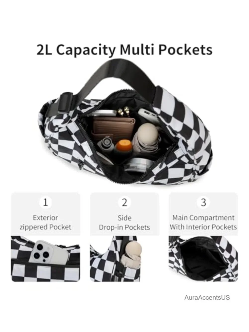Checkered Crescent Shoulder Bag Nylon Quilted Hobo Purse with Anti-Theft Pocket